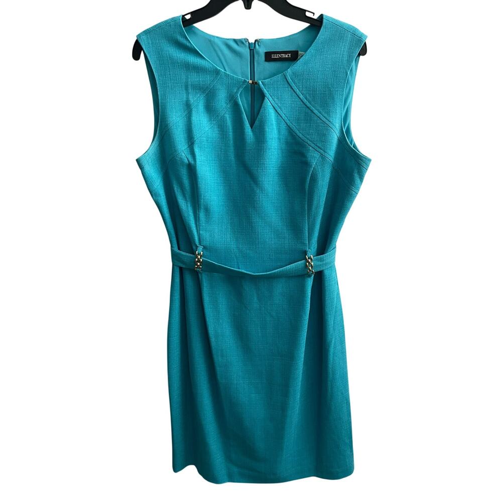 Ellen Tracy Blue Sheath Dress with Wrap Belt and Gold Accents Sz 12